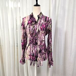 2/$30 Violet & Claire Purple Crinkle Pleated Snap Blouse Size M Ruffles